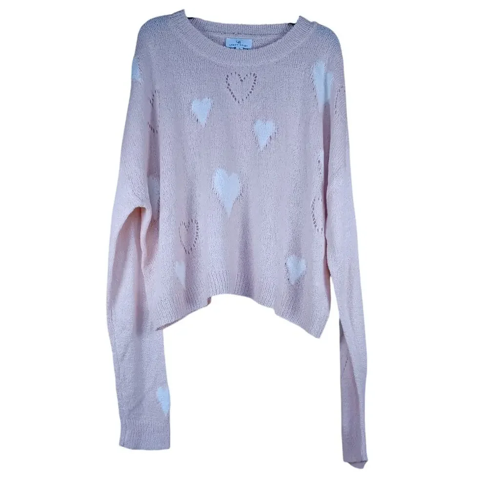 Pink Heart Sweater Soft Girl Balletcore Coquette Size Small Oversized Fit - Picture 2 of 8